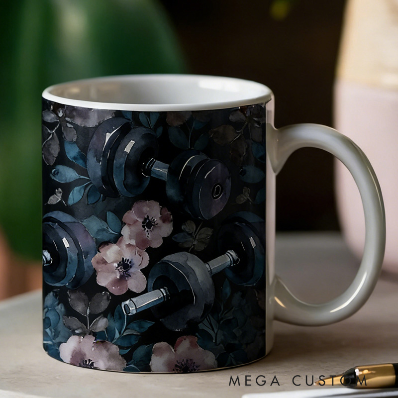 Personalized Couple Mug Floral Gym Weights Coffee Mug Watercolor Fitness Gift for Gym Lover