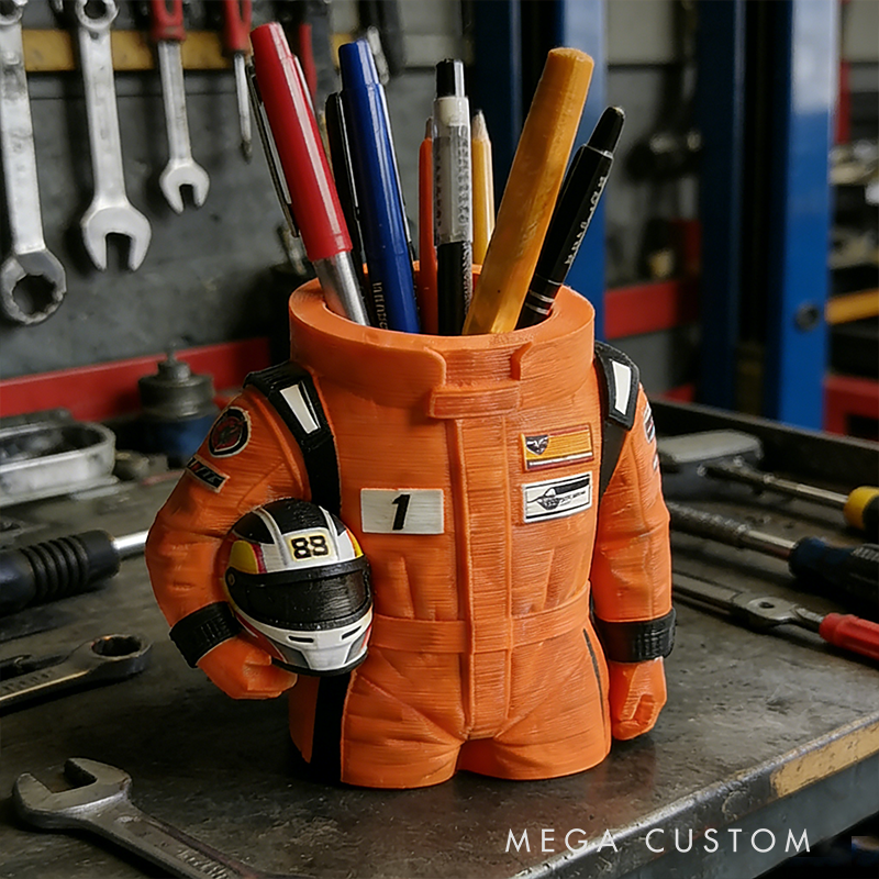 Racing Suit 3D Printed Pen Holder - F1-Themed Desk Organizer with Helmet Detail