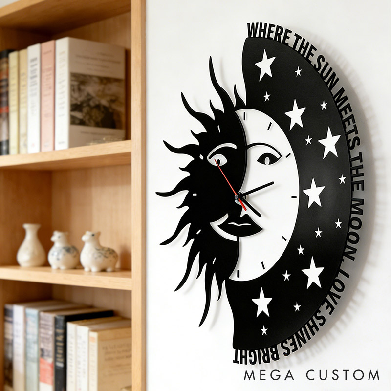 Personalized Couple Where the Sun Meets the Moon Love Shines Bright Metal Wall Clock Custom Wall Clock Anniversary Valentines Day Gift for Him Her