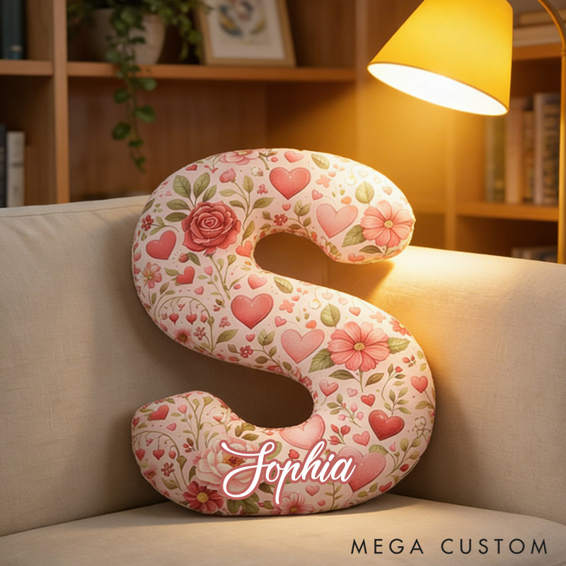Personalized Floral Initial Pillow Custom Romantic Heart and Rose Throw Pillow Valentine's Gift for Wife Girlfriend