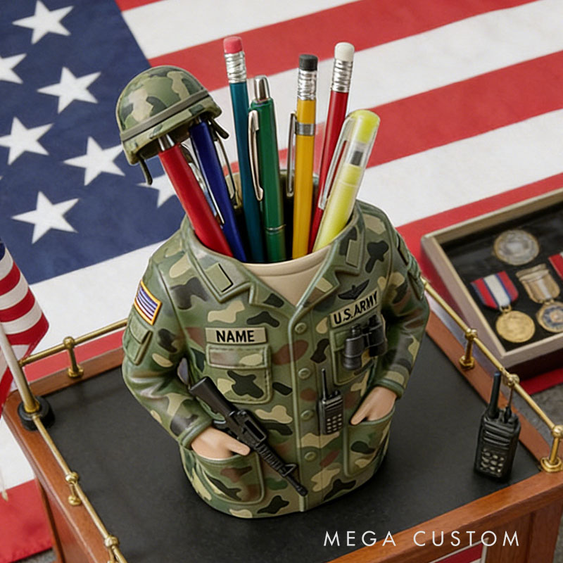 Personalized Soldier Uniform Pencil Holder Military Desk Organizer Army Veteran Gift Tactical Vest Pen Stand