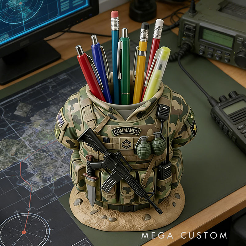 Personailzed Commando Uniform Pencil Holder Special Forces Desk Organizer Tactical Vest Pen Stand Elite Soldier Gift