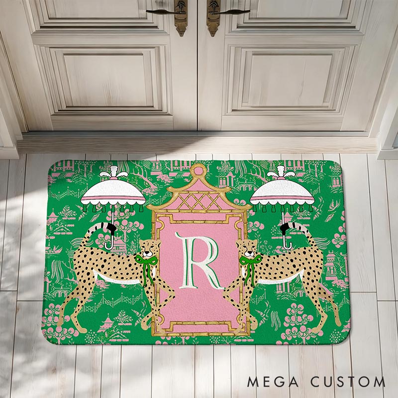 Personalized Leopard Pagoda Chinoiserie Non-Slip Door Mat with Initial Entryway Home Decor Anniversary Gift for Couple