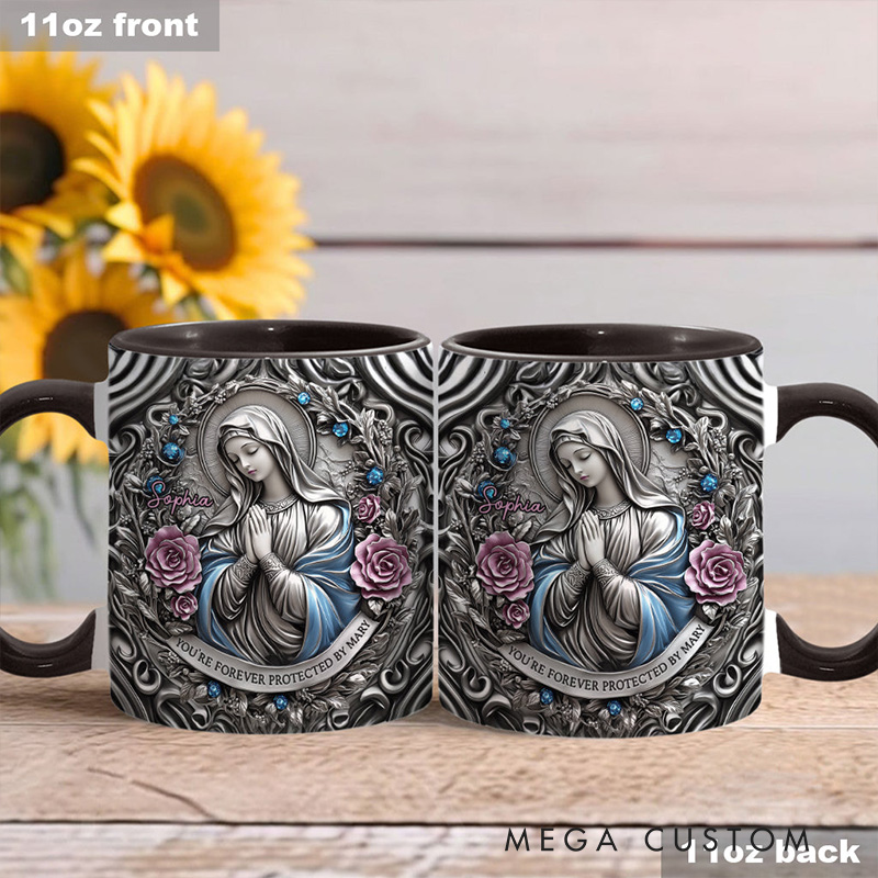 Personalized You're Forever Protected by Mary 11oz Ceramic Mug with Custom Name Religious 3D Coffee Mug Catholic Gift for Women