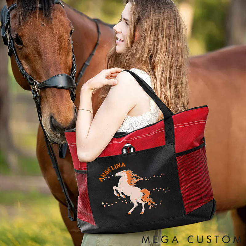 Personalized Pet Lover Multicolor Floral Horse Large Capacity Oxford Tote Bag with Name and Mesh Pockets Horse Training Daily Use Gift for Horse Lover