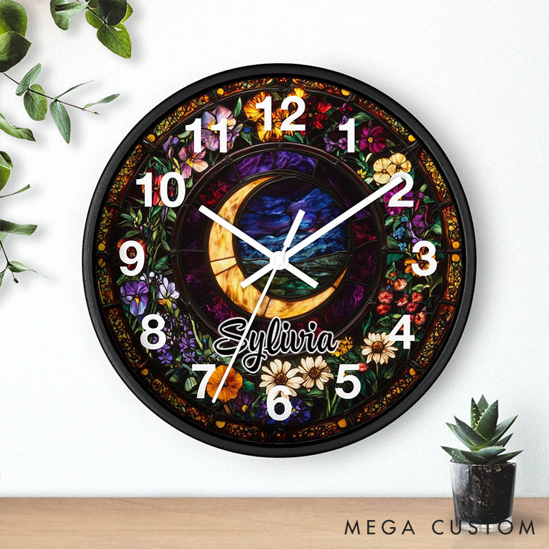 Personalized Round Wall Clock Featuring Gothic Crescent Moonlit Wildflowers Design Stained Glass-Style Wall Clock for Husband Wife