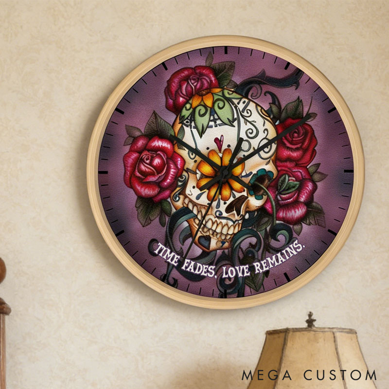 Personalized Sugar Skull Wooden Wall Clock Time Fades Love Remains Dia de los Muertos Decor Sugar Skull and Roses Wall Clock for Couple