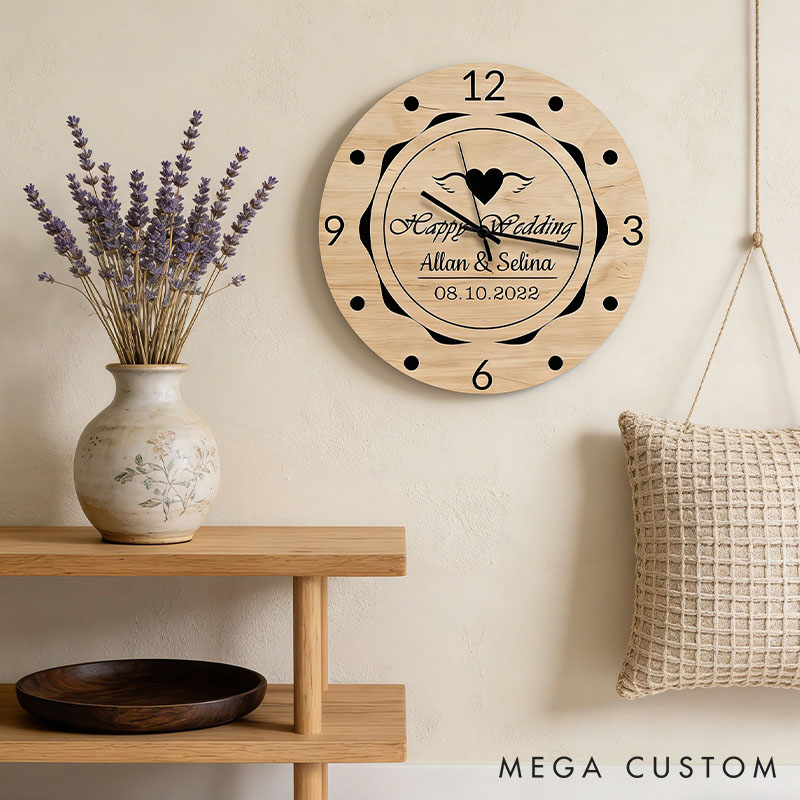 Personalized Couple Happy Wedding Wall Clock Custom Newlyweds Wedding Wall Clock with Name and Date Anniversary Valentines Day Gift for Him Her