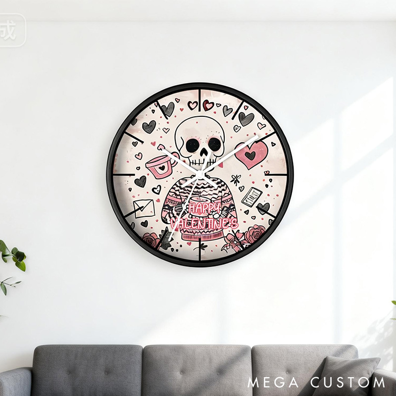Personalized Skeleton Wall Clock Cute Goth Valentines Day Wall Decor Quirky Valentine's Day Skull Wall Clock Gift for Her Him