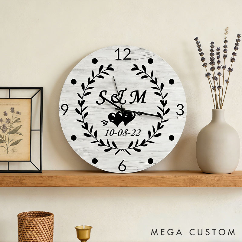 Personalized Couple Initials with Laurel Wreath Wall Clock Custom Newlyweds Wall Clock with Name and Date Anniversary Valentines Day Gift for Him Her