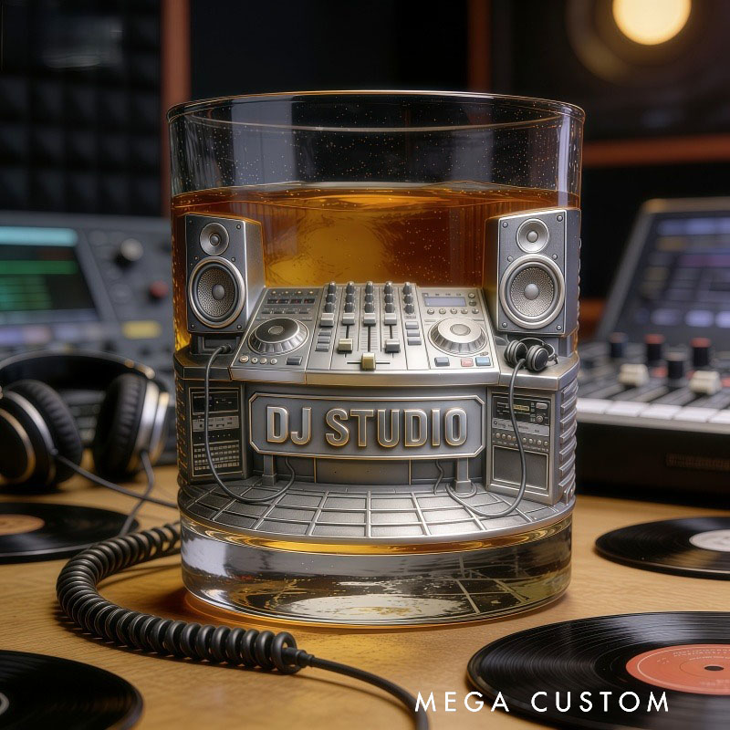 Personalized DJ Studio Themed Whiskey Glass with Custom Text Whiskey Glass Engraved Glasses Gift