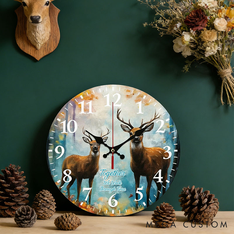 Personalized Deer Couple Together We Walk Through Time Wall Clock Custom Watercolor Style Wall Clock Anniversary Valentines Day Gift for Him Her