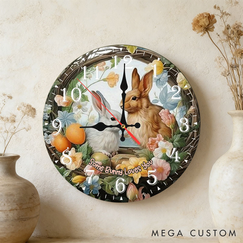 Personalized Couple Some Bunny Loves You Wall Clock Custom Easter Floral Bunny with Eggs Wall Clock with Text Easter Gift for Him Her Anniversary