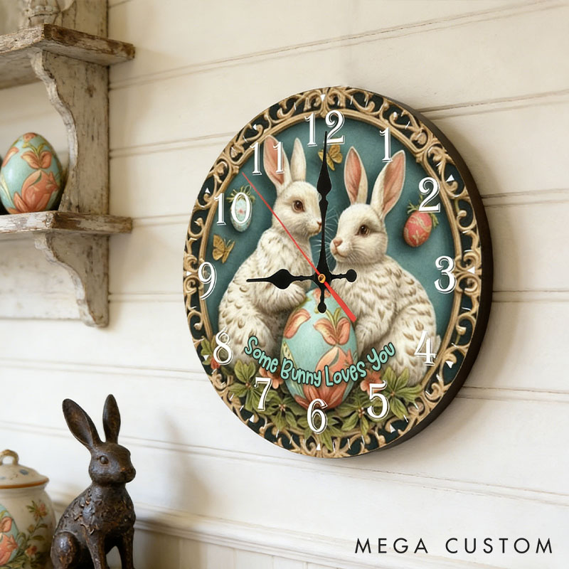 Personalized Couple Some Bunny Loves You Wall Clock Custom Easter Charming Bunny with Eggs Wall Clock with Text Couple Easter Gift for Him Her