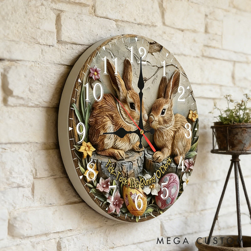 Personalized Couple Tick-Tock It’s Bunny O'Clock Wall Clock Custom Easter Bunny 3D Effect Wall Clock with Text Couple Easter Gift for Him Her