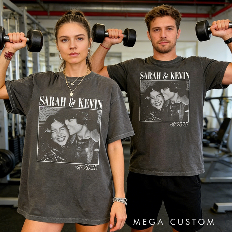 Personalized Weightlifting Couple Classic T-Shirt  Couple Shirt Custom Photo Engagement Comfort Colors Shirt Vintage Couple Picture Shirt for Gym Lover