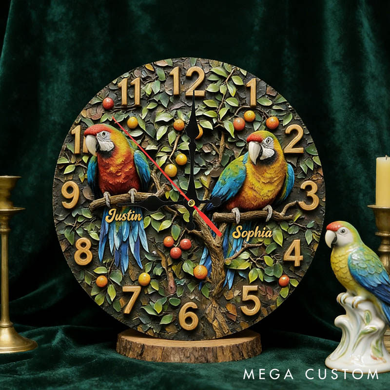 Personalized Parrot Couple Wall Clock Custom Couple Bird on a Branch 3D Effect Wall Clock with Name Couple Anniversary Valentines Day Gift for Him Her