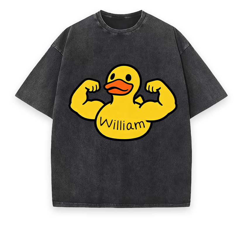 Personalized Washed T-Shirts Fitness Couple Funny Muscle Arm Duck with Name T-Shirt for Gym Lovers
