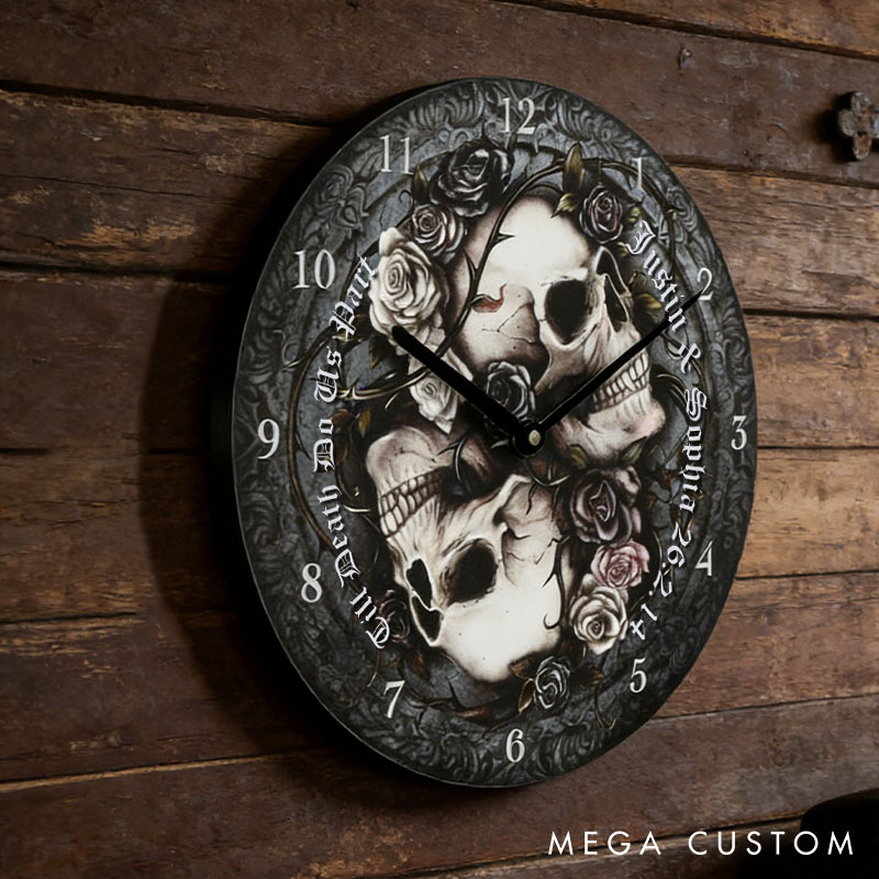 Personalized Skull Couple Till Death Do Us Part Wall Clock Custom Retro Gothic Style 3D Effect Wall Clock Anniversary Gift Valentine's Day Gift