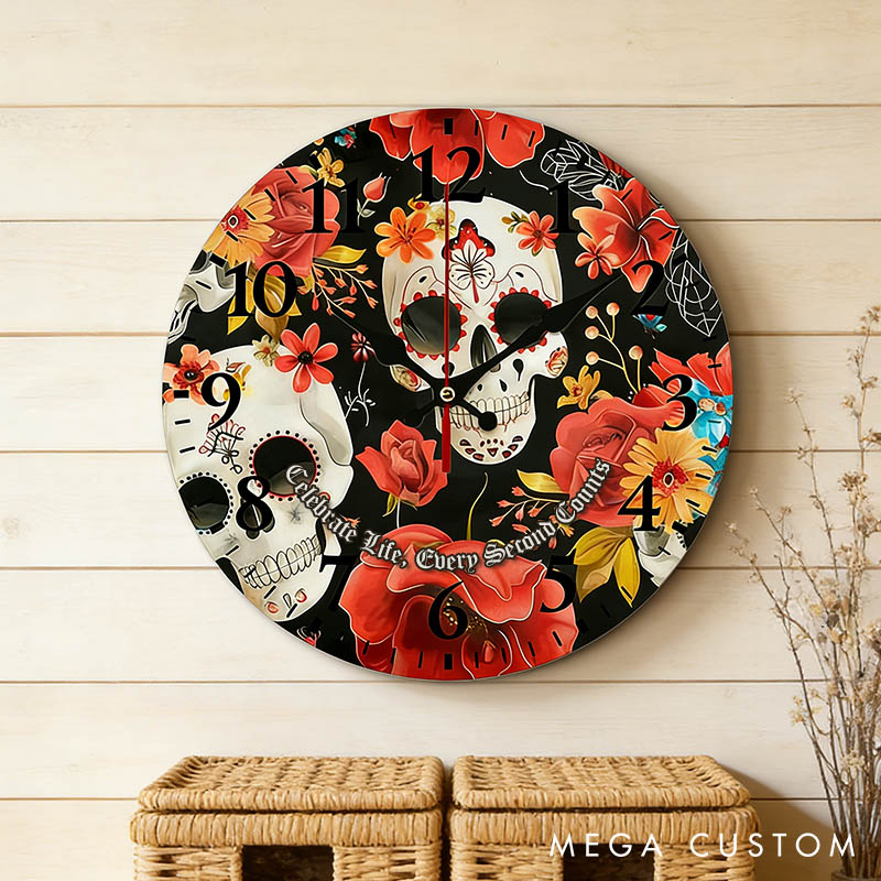 Personalized Skull Couple Celebrate Life Every Second Counts Wall Clock Custom Retro Gothic Style 3D Effect Wall Clock Anniversary Valentines Day Gift