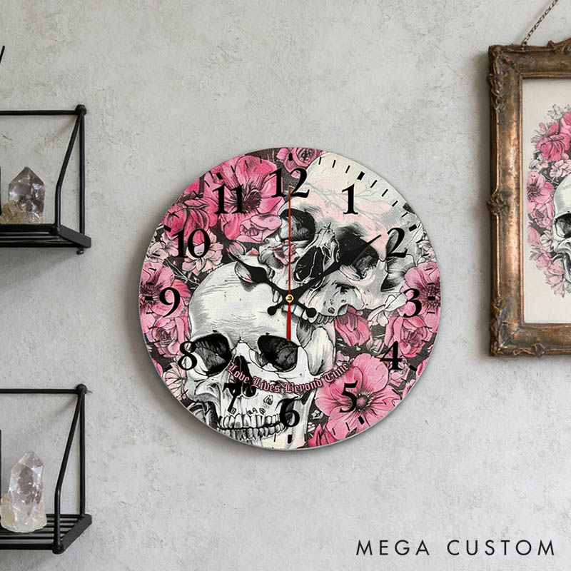 Personalized Floral Skull Couple Love Lives Beyond Time Wall Clock Custom Retro Gothic Style 3D Effect Wall Clock Anniversary Gift Valentines Day Gift