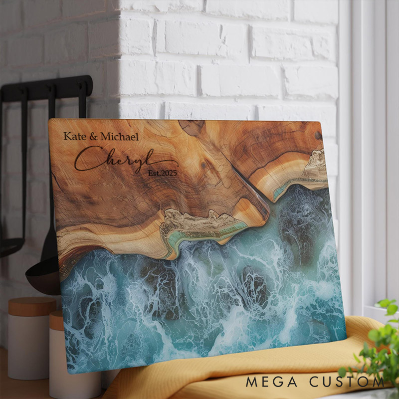 Personalized Ocean-Inspired Resin Cutting Board Custom Maple Ocean Charcuterie Board with Couple Name Wedding Gift