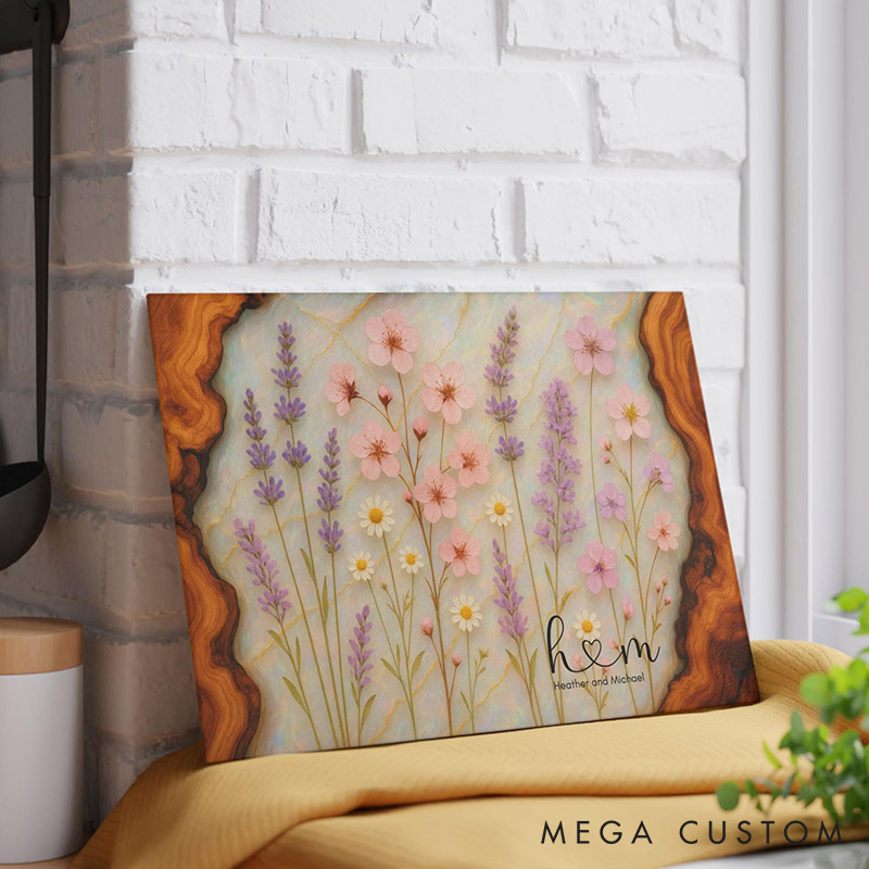 Personalized Floral Wooden Cutting Board Wildflower Glass Charcuterie Board for Couple Custom Initials Maple Design Cutting Board