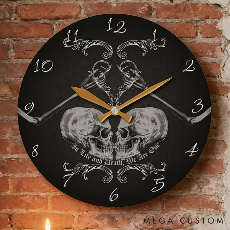 Personalized Skull Couple In Life and Death We Are One Wall Clock Custom Retro Gothic Style 3D Effect Wall Clock Anniversary Gift Valentines Day Gift