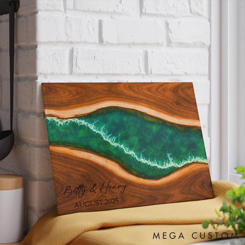 Personalized Ocean Wave Resin Cutting Board Custom Charcuterie Board Maple Wood River Design Kitchen Decor Gift for Couple