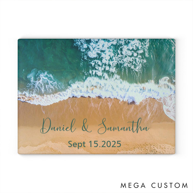 Personalized Beach-Themed Cutting Board Glass Anniversary Cutting Board Couples Wedding Chopping Block Bridal Shower Charcuterie Gift