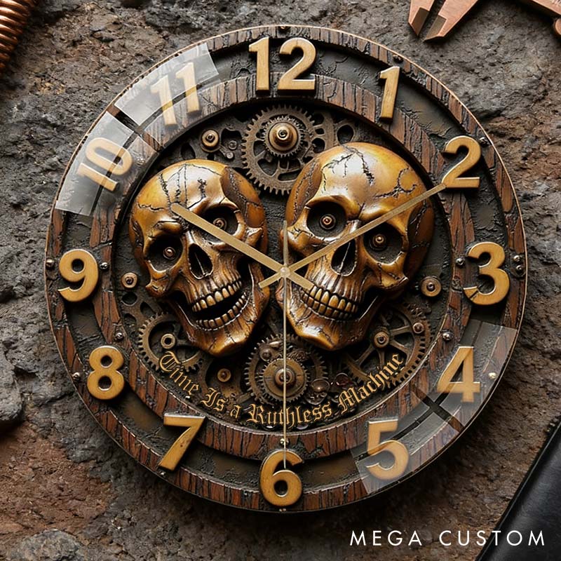 Personalized Skull Couple Time Is a Ruthless Machine Acrylic Wall Clock Custom Imitation Wood 3D Effect Wall Clock Anniversary Valentines Day Gift