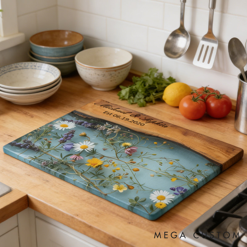 Personalized Rustic Wildflower Cutting Board Glass Charcuterie Cutting Board Maple Wildflower Wedding Gift Board for Couple
