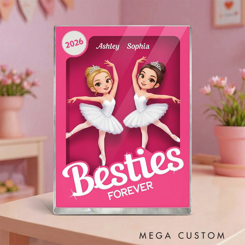 Personalized Besties Forever Pink Ballet Action Figure Acrylic Block Plaque Customizable with Photos and Names Meaningful Gift For Best Friend Dance Lovers