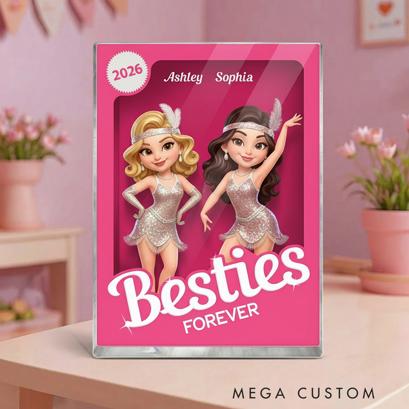 Personalized Besties Forever Pink Jazz Dance Action Figure Acrylic Block Plaque Customizable with Photos and Names Meaningful Gift for Best Friend Dance Lovers