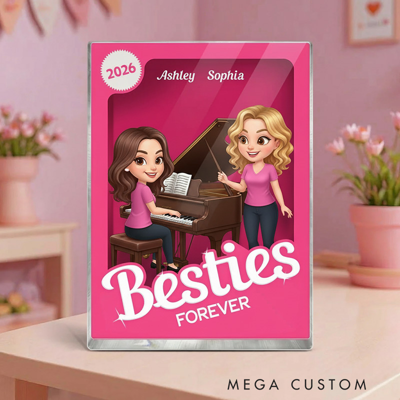 Personalized Besties Forever Pink Action Figure Acrylic Block Plaque Customizable with Photos and Names Meaningful Gift For Best Friend Piano Lovers Music Lovers