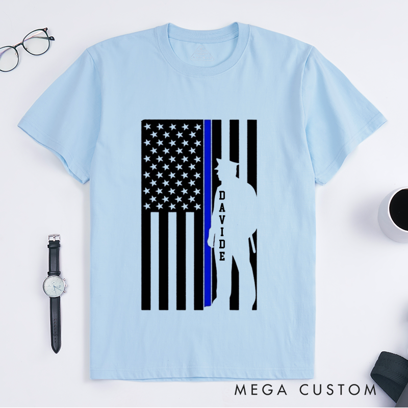 Personalized Flag Thin Blue Line Police Tribute Design Gift for Policewoman Police Officer T-Shirt