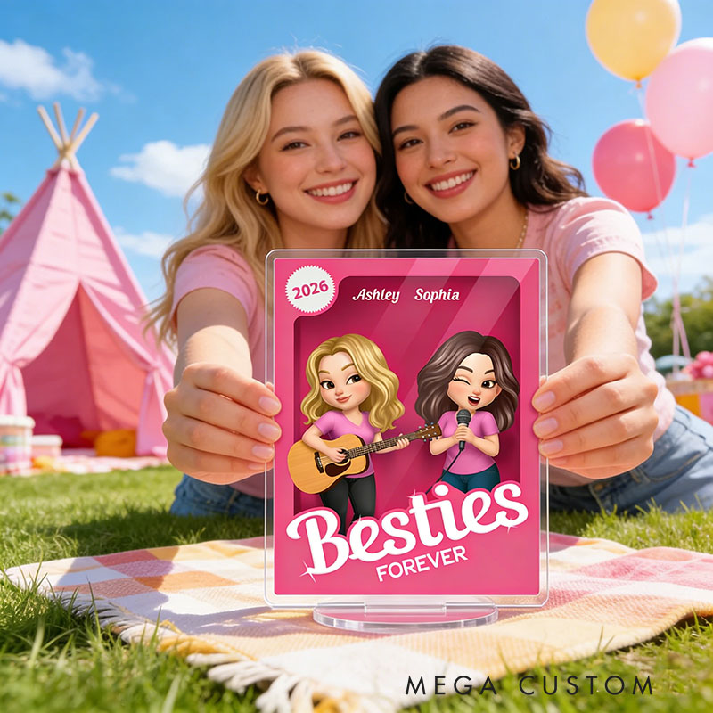 Personalized Besties Forever Pink Action Figure Acrylic Block Plaque Customizable with Photos and Names Meaningful Gift For Best Friend Guitar Lovers Music Lovers