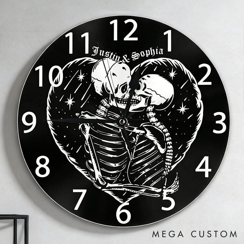 Personalized Skeleton Couple Embracing Wall Clock Custom Couple Till Death Do Us Part Wall Clock with Name Anniversary Valentines Day Gift for Him Her
