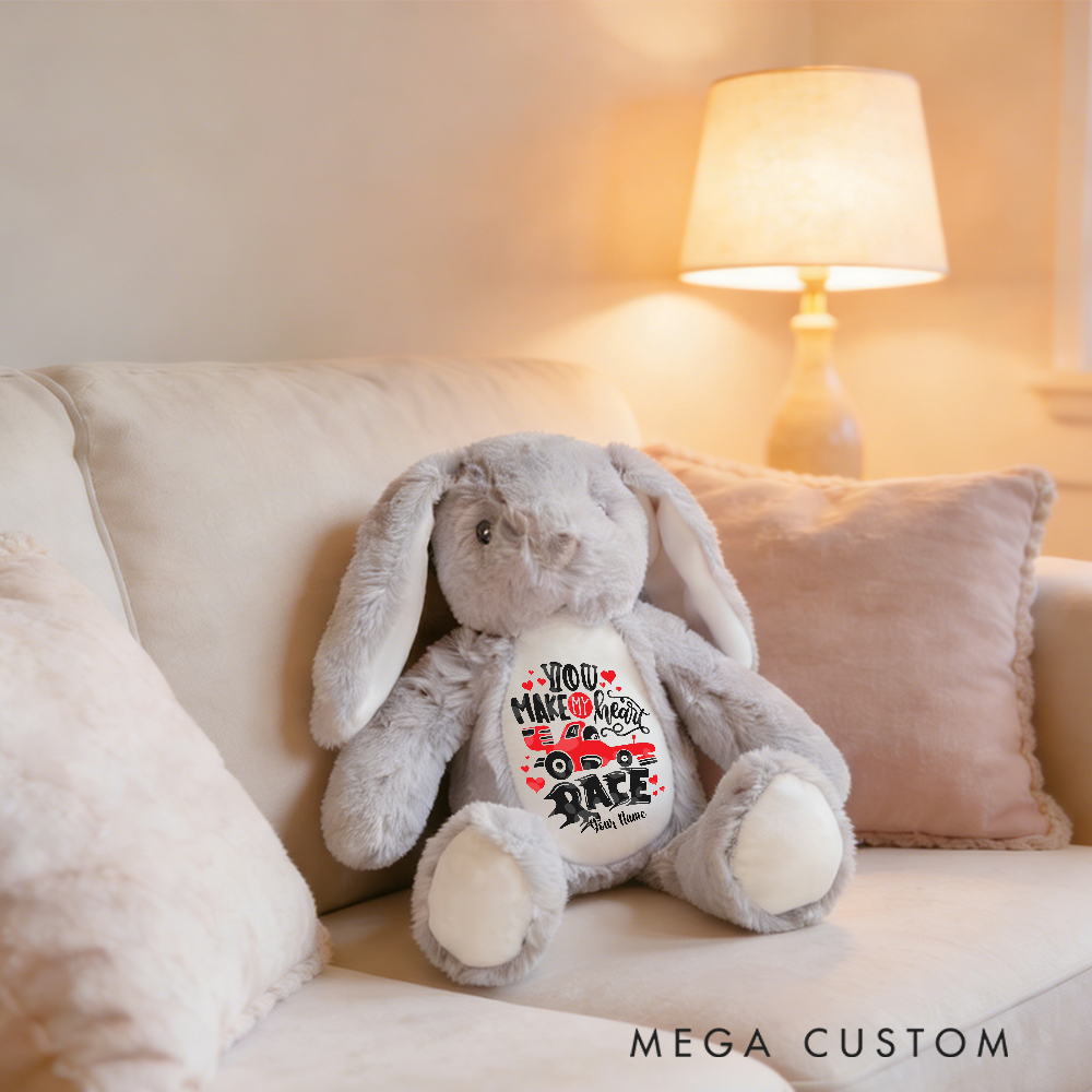 Personalized Racing Bunny Plush Custom Gift for Easter Valentine’s Day and Car Enthusiasts