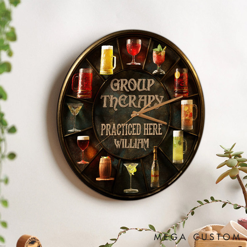 Personalized Man Group Therapy Practiced Here Wall Clock Custom Boyfriend Husband Alcohol Enthusiast Wall Clock Anniversary Valentines Day Gift