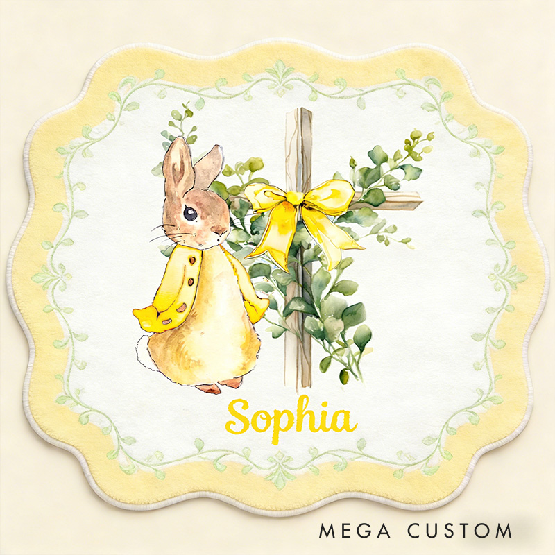 Personalize Floral Bow Cross Rabbit Rug with Custom Name Home Decor Religious Rug Faith Based Gift Easter Gift Christian Gift for Kids