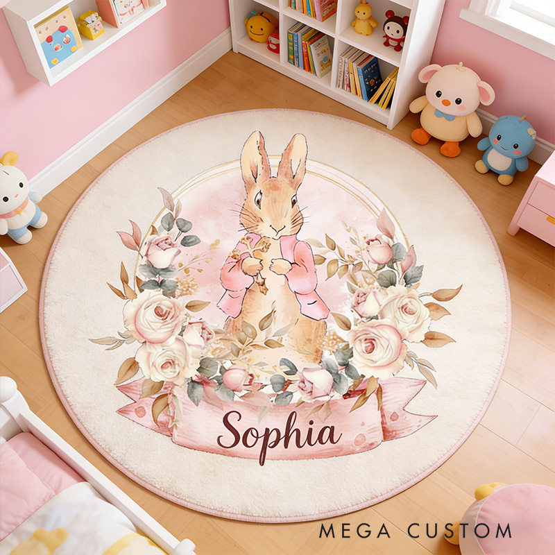 Personalize Cute Rabbit Cross Rug with Custom Name Room Decor Religious Rug Christian Gift Easter Gift for Kids