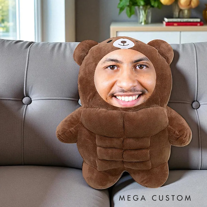 Personalized Muscle Bear Plush Toy Custom Face Stuffed Animal Pillow for Friends Gym Rat Gym Lovers
