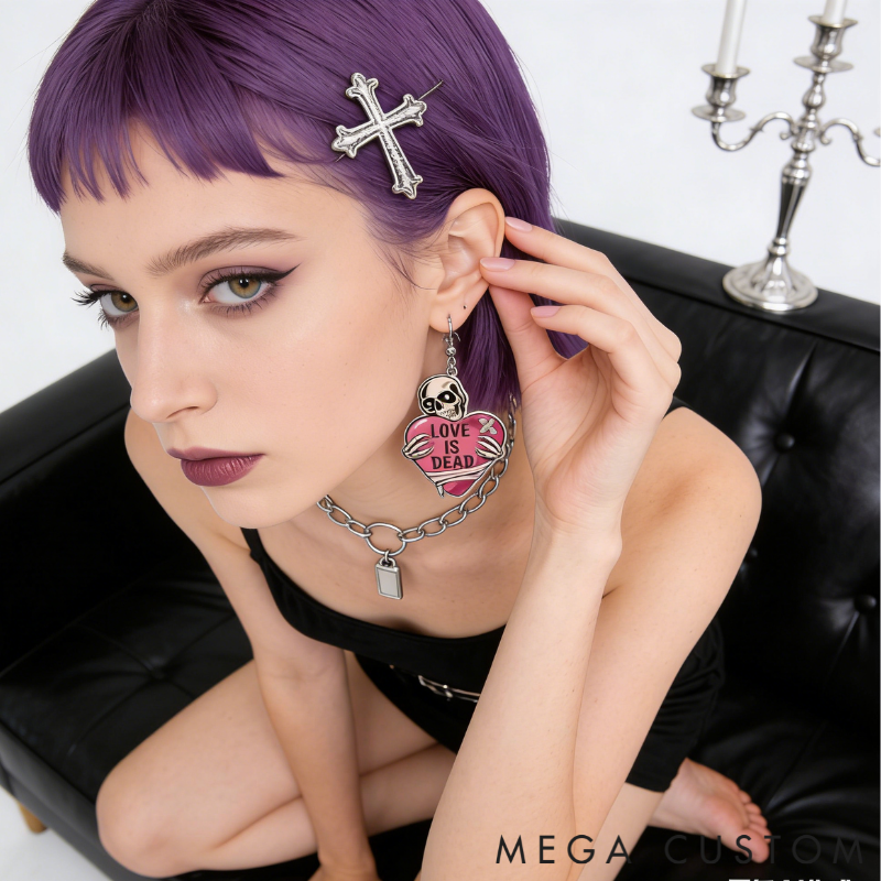 Personalized Acrylic Skull Heart Statement Earrings Dark Sweet Goth Style with "LOVE IS DEAD" for Edgy Fashion Fans