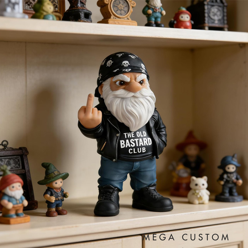 Rebel Biker Gnome Statue - "The Old Bastard Club" Resin Desk Decor