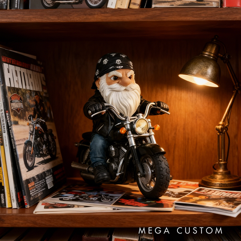 Biker Gnome on Motorcycle Statue - Resin Decor for Garage/Man Cave