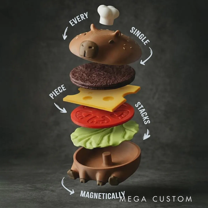 Capy-Burger Coaster Set – Cute Capybara + Burger 3D Printed Coasters, Kitchen & Bar Accessory, Unique Gift Idea,