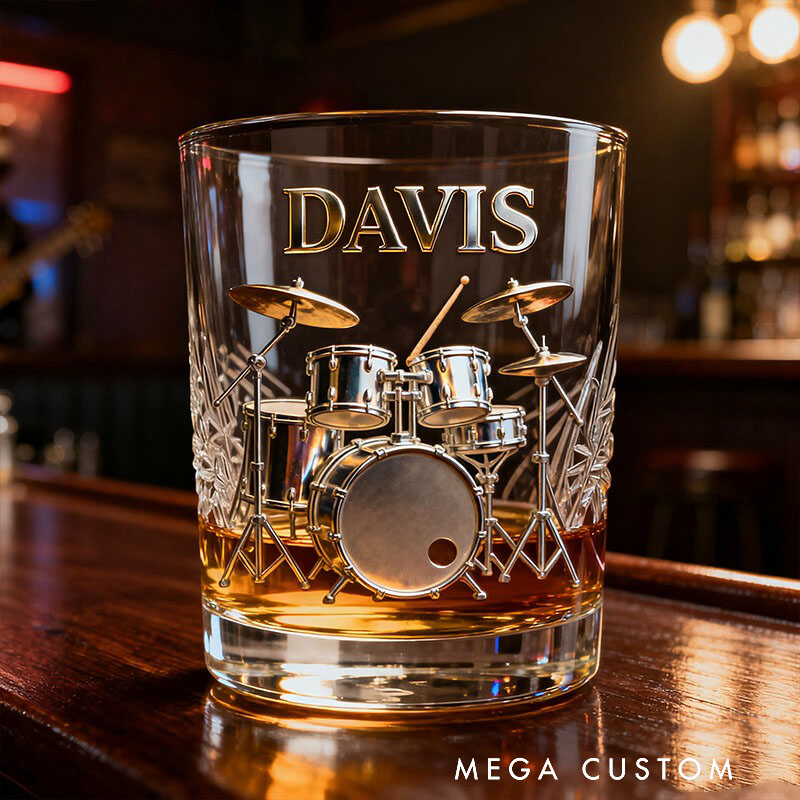 Personalized Drum Set Themed Whiskey Glass with Custom Text Whiskey Glass Engraved Glasses Gift for Music Lovers