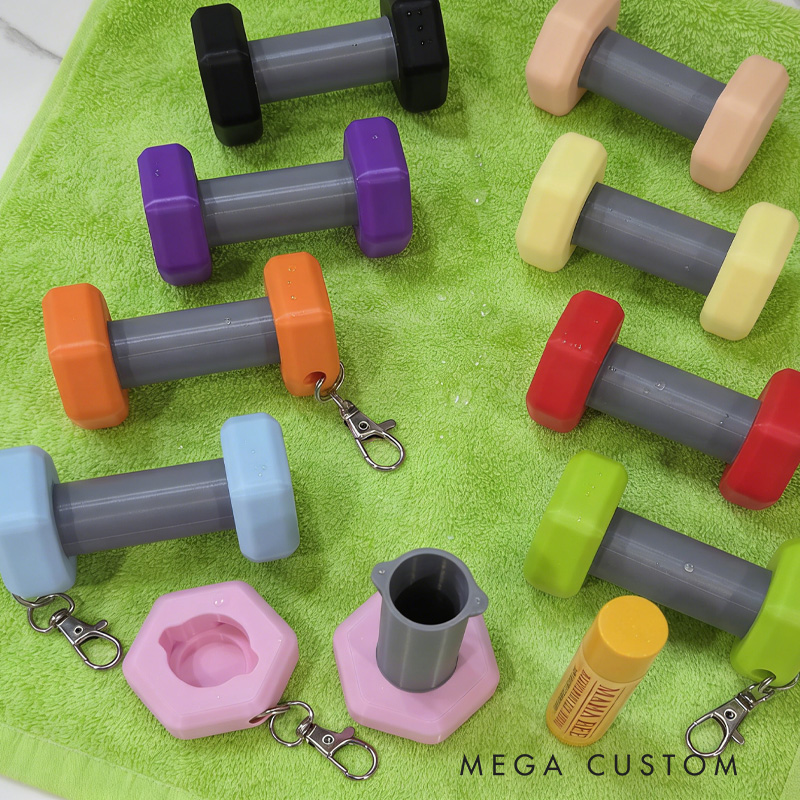 Personalized 3D Printed Dumbbell Key Chain Lip Balm Holder ChapStick Backpack Key Ring Gym Bag Sports Container Cute Fitness Workout Unique Creative Gift for Coach Trainer Gym Lover