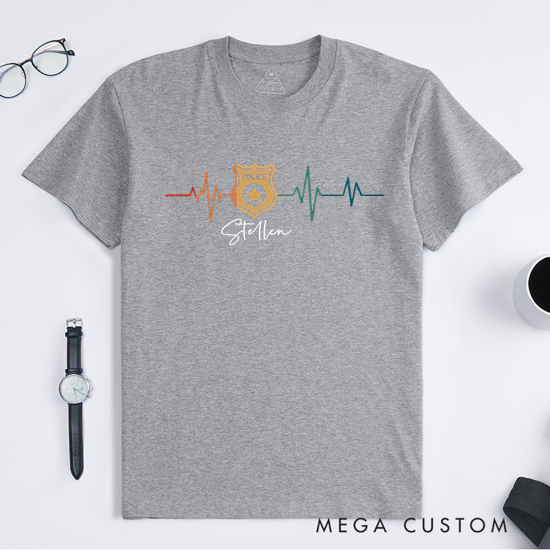 PersonalizedPolice Badge Heartbeat Design Gift for Police Officer T-Shirt